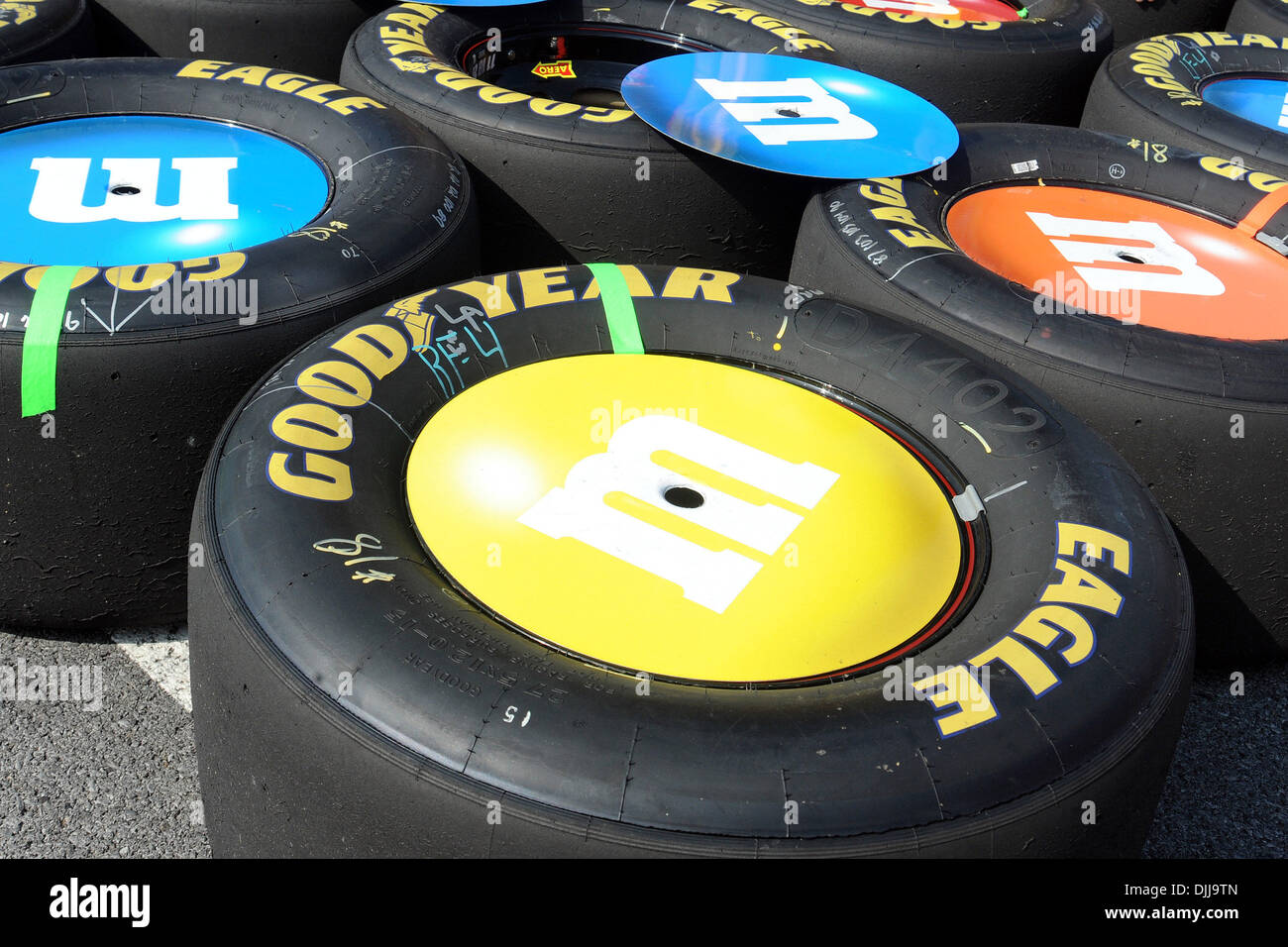 Aug. 08, 2010 - Watkins Glen, New York, United States of America - August 8, 2010: Goodyear tires sit in the pit area for KYLE BUSCH after being pre-paired for use in the Heluva Good! Sour Cream Dips at the Glen Sprint Cup race at Watkins Glen International, Watkins Glen, NY..Mandatory Credit: Michael Johnson / Southcreek Global (Credit Image: Â© Southcreek Global/ZUMApress.com) Stock Photo