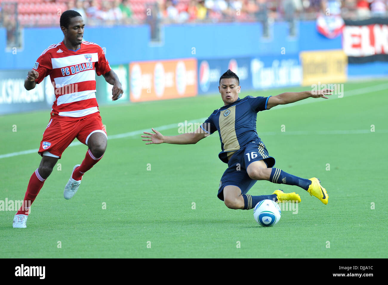 16 Atiba Harris of FC Dallas looks on as #16 Michael Orozco Fiscal of Philadelphia Union slides into the ball. FC Dallas won the match against Philadelphia Union 3-1 at Pizza Hut Park in Frisco, Texas. (Credit Image: © Jerome Miron/Southcreek Global/ZUMApress.com) Stock Photo