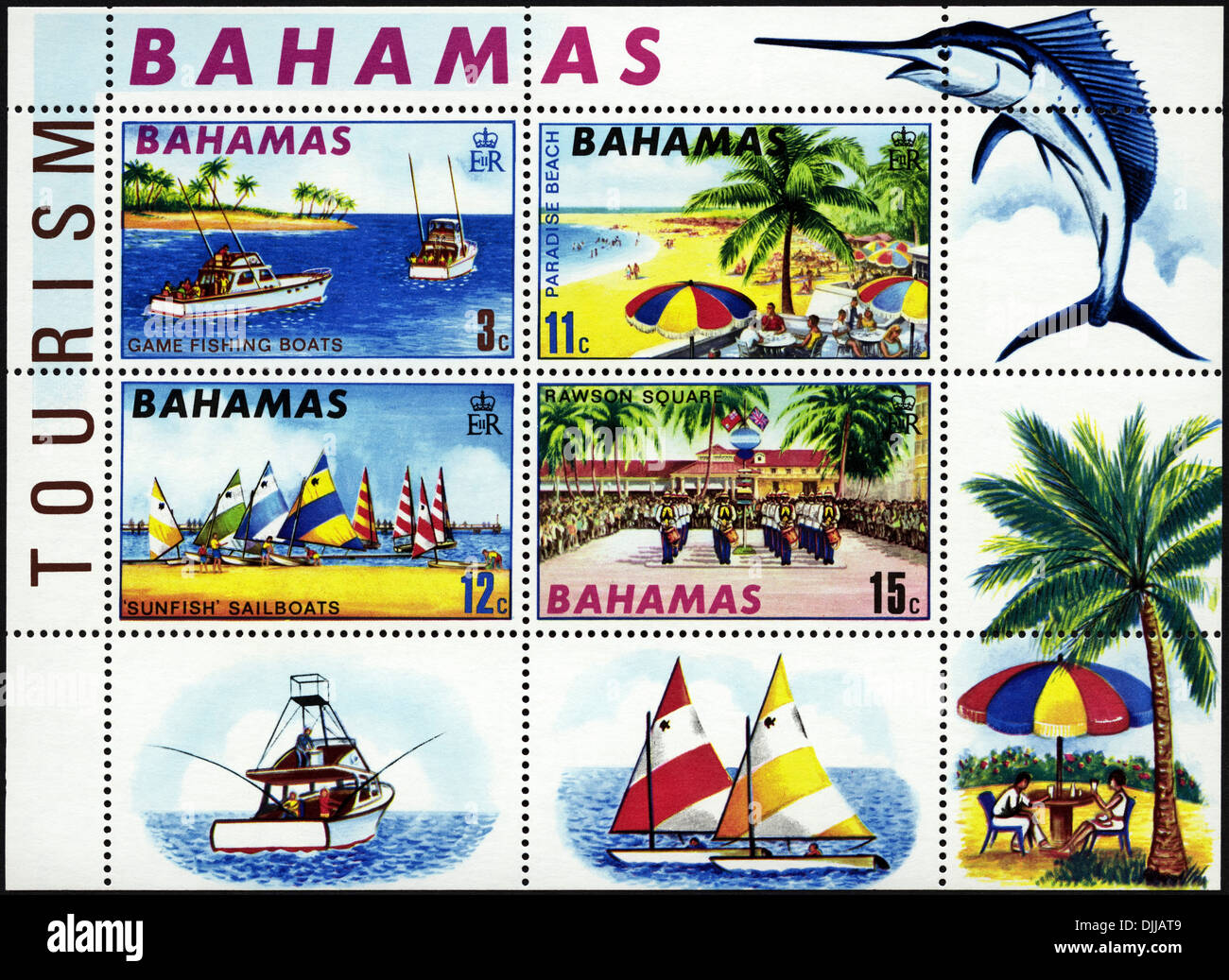 postage stamp Bahamas featuring 4 tourism souvenir stamps issued 1969