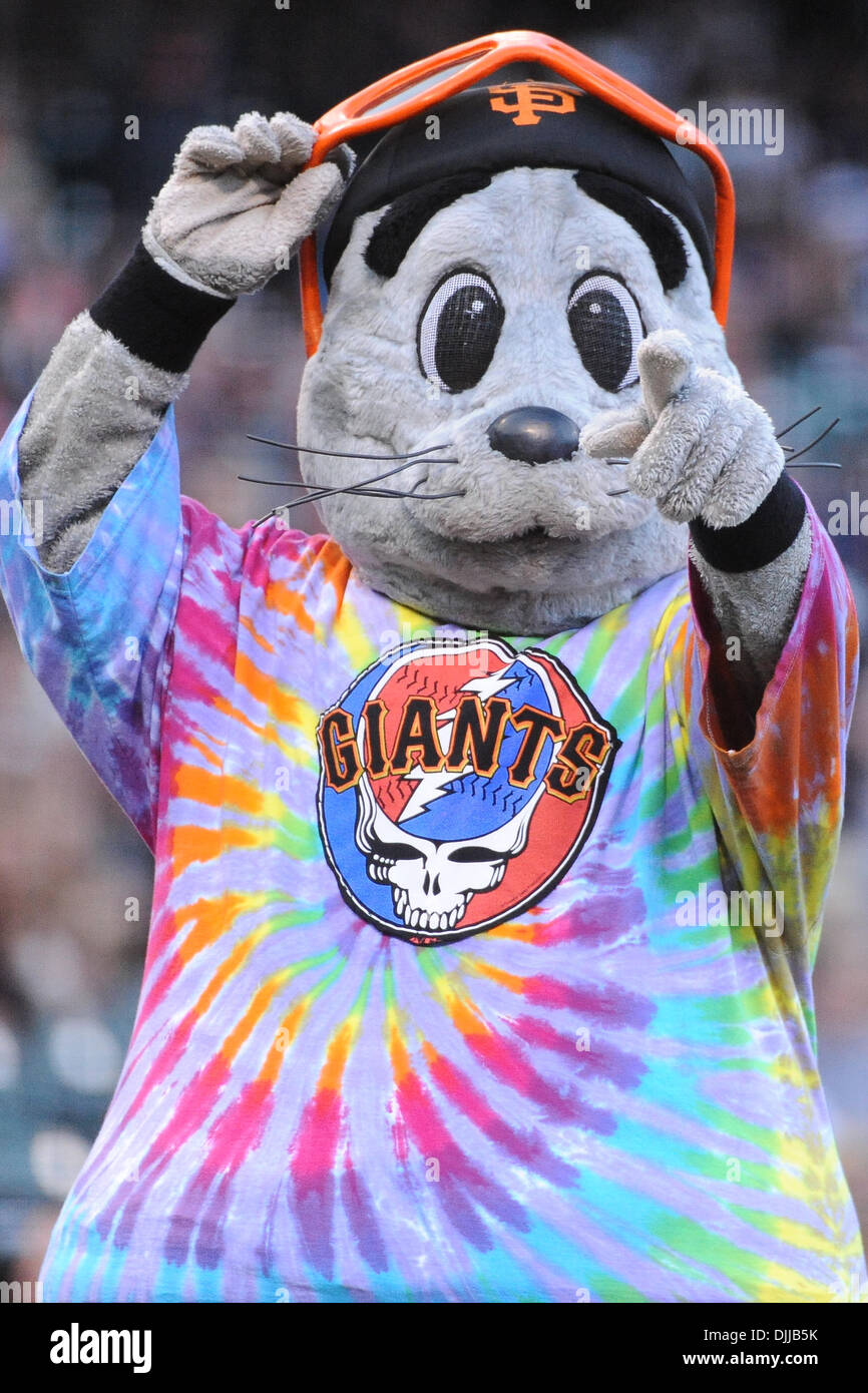 9 August, 2010: San Francisco Giants mascot LOU SEAL wearing a tie-dye shirt  with the Grateful Dead logo during Jerry Garcia tribute night at AT&T Park  in San Francisco, California. The San
