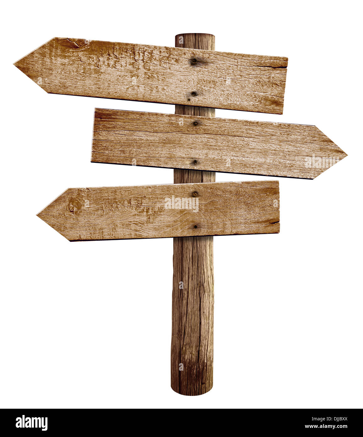 wooden arrow sign post or road signpost isolated Stock Photo