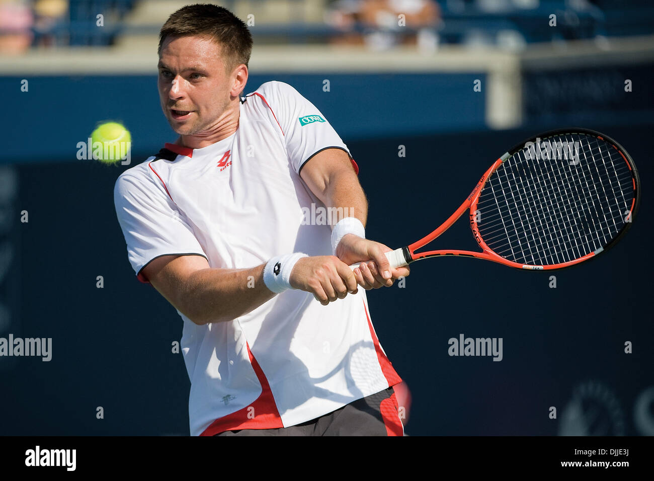 Aug. 10, 2010 - Toronto, Ontario, Canada - 10 August, 2010..ROBIN SODERLING of Sweden hits a return backhand to his opponent Ernests Gulbis in the first round of the 2010 Rogers Cup in Toronto, Ontario...Mandatory Credit: Terry Ting/Southcreek Global (Credit Image: © Southcreek Global/ZUMApress.com) Stock Photo