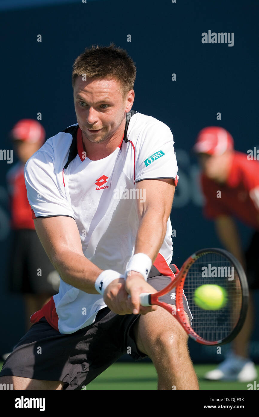 Aug. 10, 2010 - Toronto, Ontario, Canada - 10 August, 2010..ROBIN SODERLING of Sweden hits a return backhand to his opponent Ernests Gulbis in the first round of the 2010 Rogers Cup in Toronto, Ontario...Mandatory Credit: Terry Ting/Southcreek Global (Credit Image: © Southcreek Global/ZUMApress.com) Stock Photo