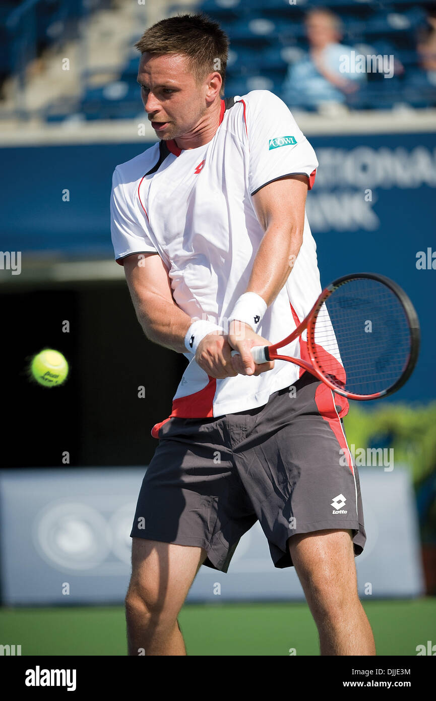 Aug. 10, 2010 - Toronto, Ontario, Canada - 10 August, 2010..ROBIN SODERLING of Sweden hits a return backhand to his opponent Ernests Gulbis in the first round of the 2010 Rogers Cup in Toronto, Ontario...Mandatory Credit: Terry Ting/Southcreek Global (Credit Image: © Southcreek Global/ZUMApress.com) Stock Photo