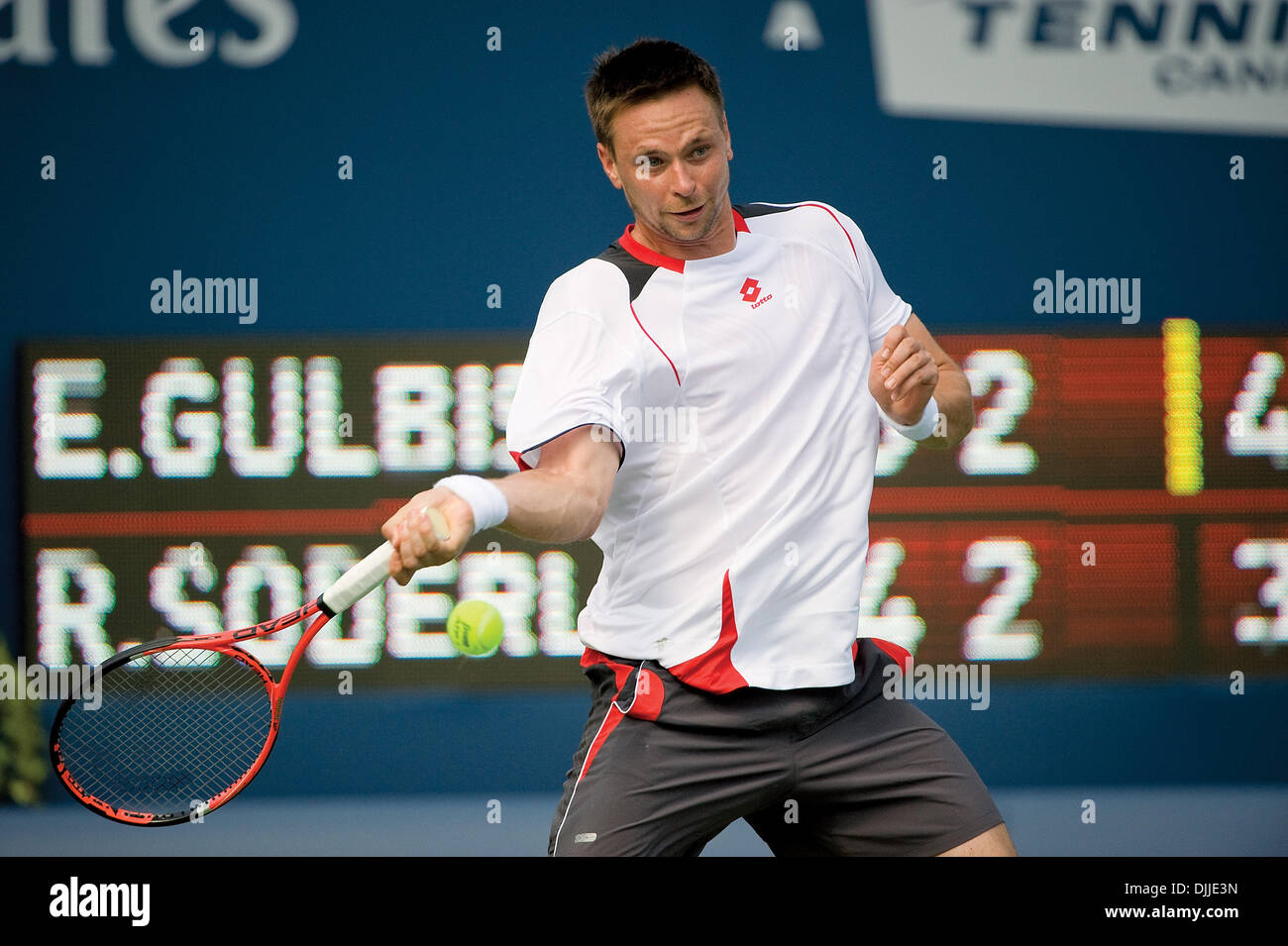 Aug. 10, 2010 - Toronto, Ontario, Canada - 10 August, 2010..ROBIN SODERLING of Sweden hits a return forehand to his opponent Ernests Gulbis in the first round of the 2010 Rogers Cup in Toronto, Ontario...Mandatory Credit: Terry Ting/Southcreek Global (Credit Image: © Southcreek Global/ZUMApress.com) Stock Photo