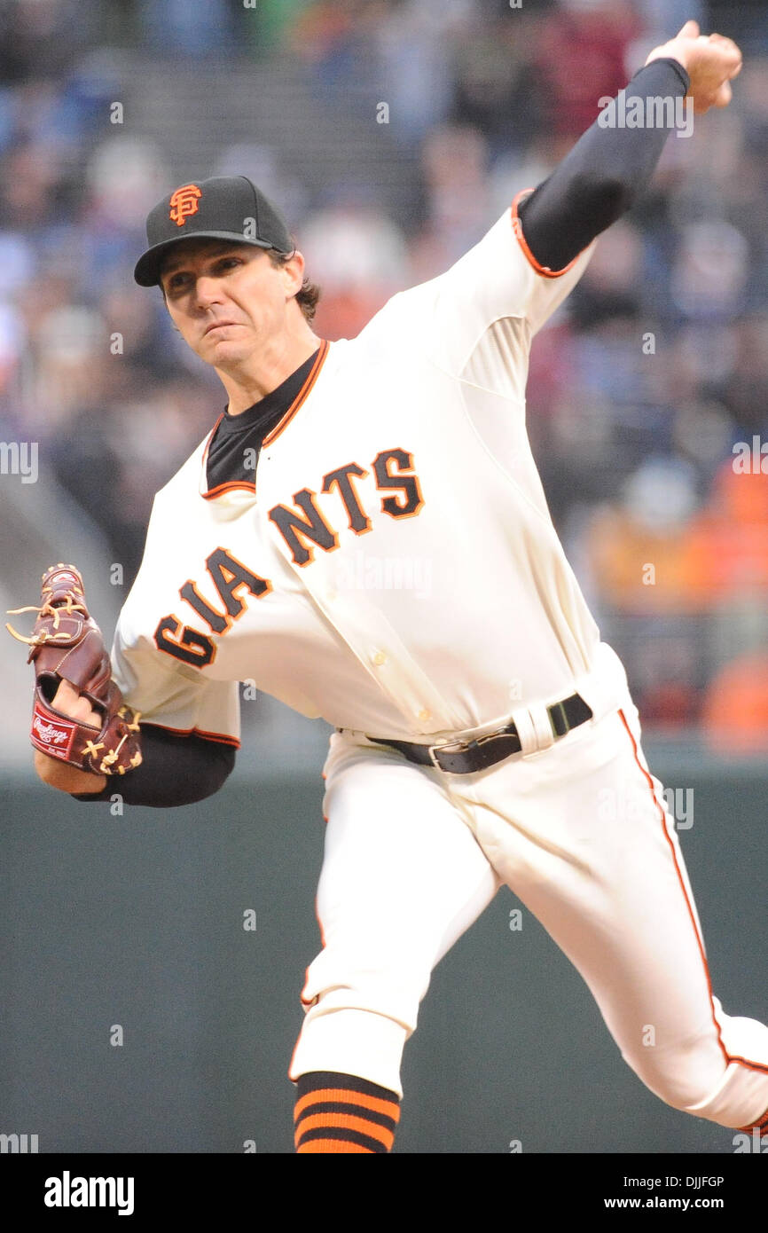 11 August, 2010: San Francisco Giants pitcher BARRY ZITO (#75) pitches the ball at AT&T Park in San Francisco, California. The San Francisco Giants defeated the Chicago Cubs 5-4. (Credit Image: © Charles Herskowitz/Southcreek Global/ZUMApress.com) Stock Photo