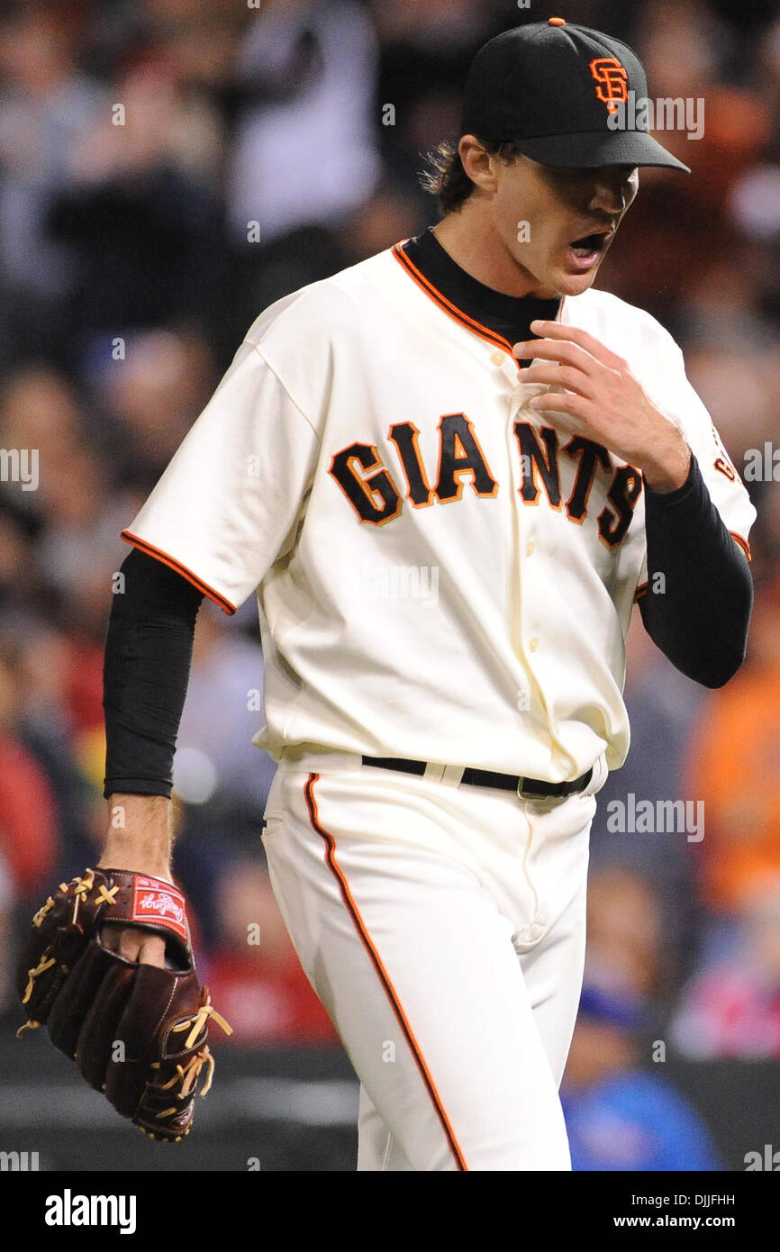 11 August, 2010: San Francisco Giants pitcher BARRY ZITO (#75) shows his excitement after ending a inning at AT&T Park in San Francisco, California. The San Francisco Giants defeated the Chicago Cubs 5-4. (Credit Image: © Charles Herskowitz/Southcreek Global/ZUMApress.com) Stock Photo