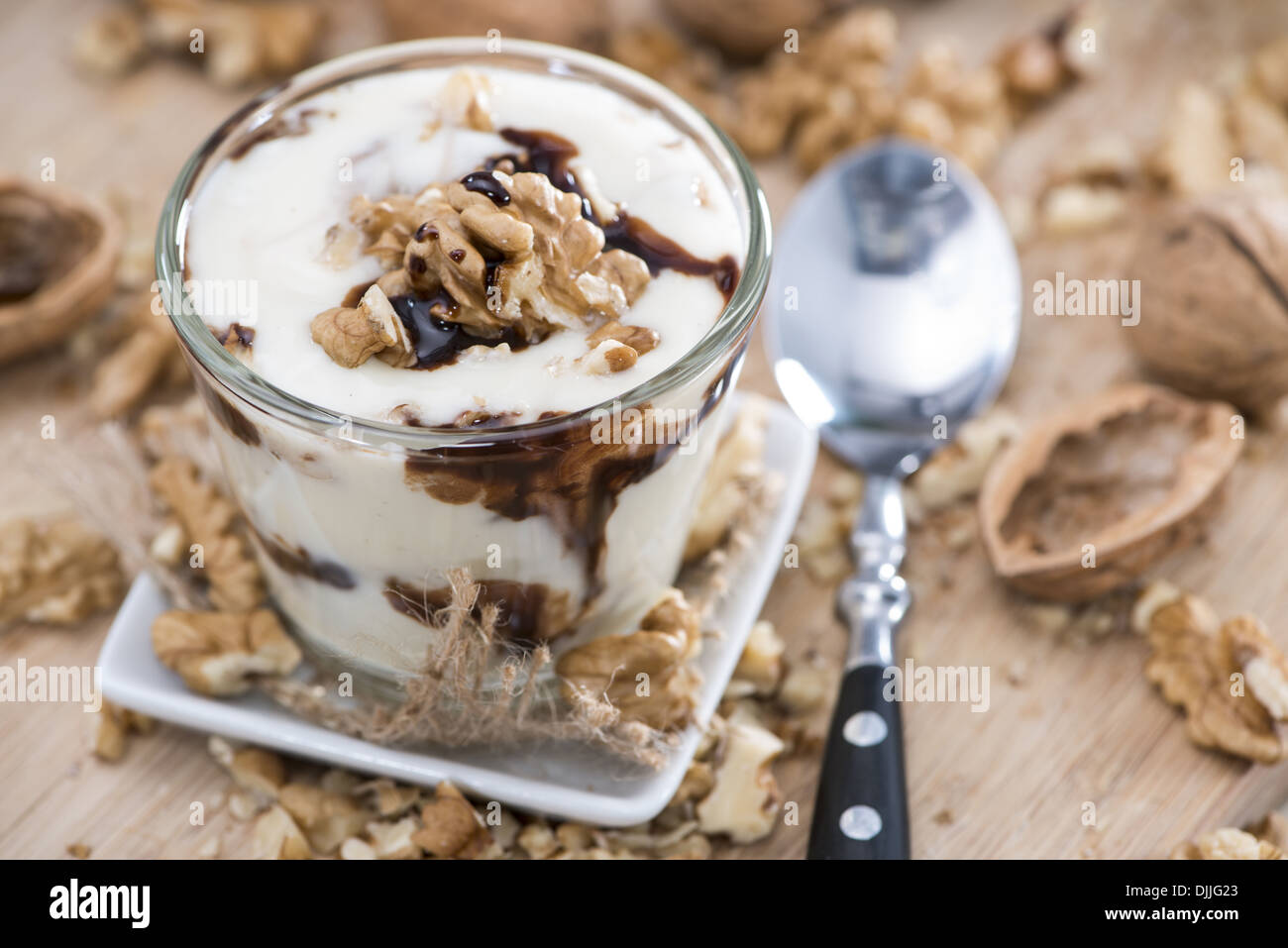 Homemade Walnut Yoghurt with Chocolate sauce Stock Photo Alamy
