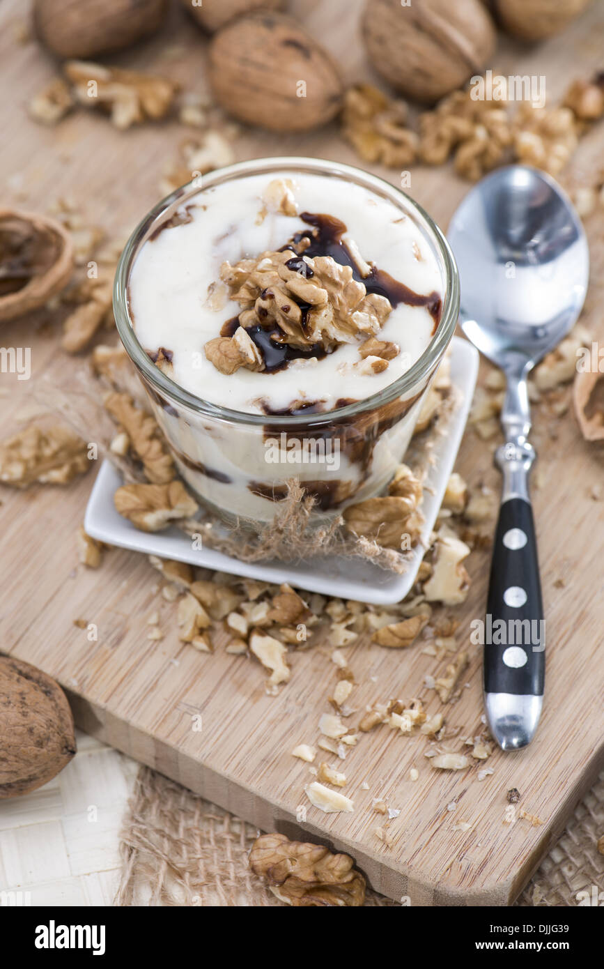 Homemade Walnut Yoghurt with Chocolate sauce Stock Photo Alamy