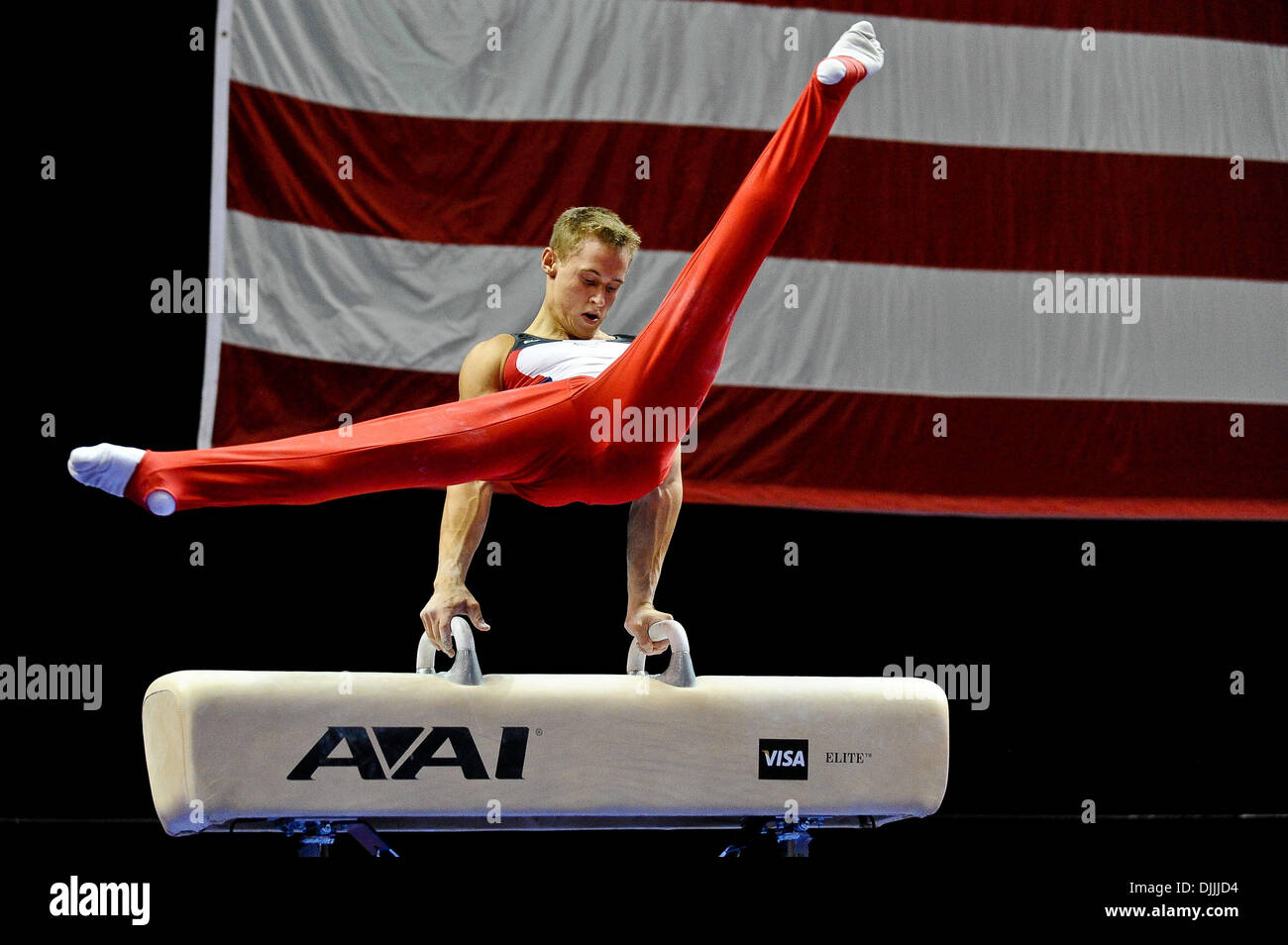 Aug. 13, 2010 - Hartford, Connecticut, United States of America - August 13, 2010: ALEXY BILOZERTCHEV performs on the pommel horse during the 2010 VISA Championships men's final at the XL Center in Hartford,Connecticut. Mandatory Credit: Geoff Bolte / Southcreek Global (Credit Image: © Southcreek Global/ZUMApress.com) Stock Photo