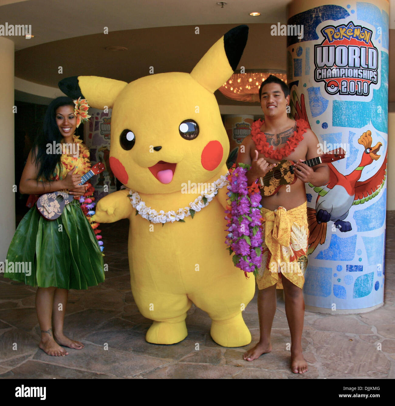 Aug 14, 2010 - Big Island, Hawaii, U.S. - PokŽmon Trading Card Game and video game players from over 25 countries have received a warm Hawaiian welcome during this weekend's 2010 PokŽmon World Championships held in Waikoloa, HI.  In attendance is PokŽmon's beloved character Pikachu to lend support to the hundreds of players on hand competing for the ultimate title of PokŽmon World  Stock Photo