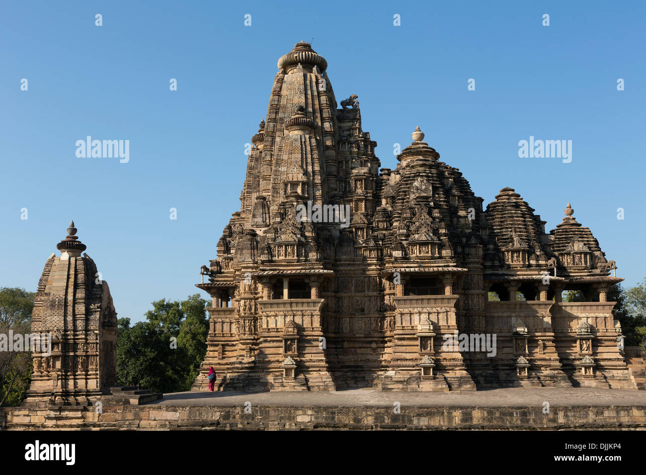 Lateral facade of the temple Kandariya Mahadev. It is the most spectacular an largest of all the temples in Khajuraho. Stock Photo