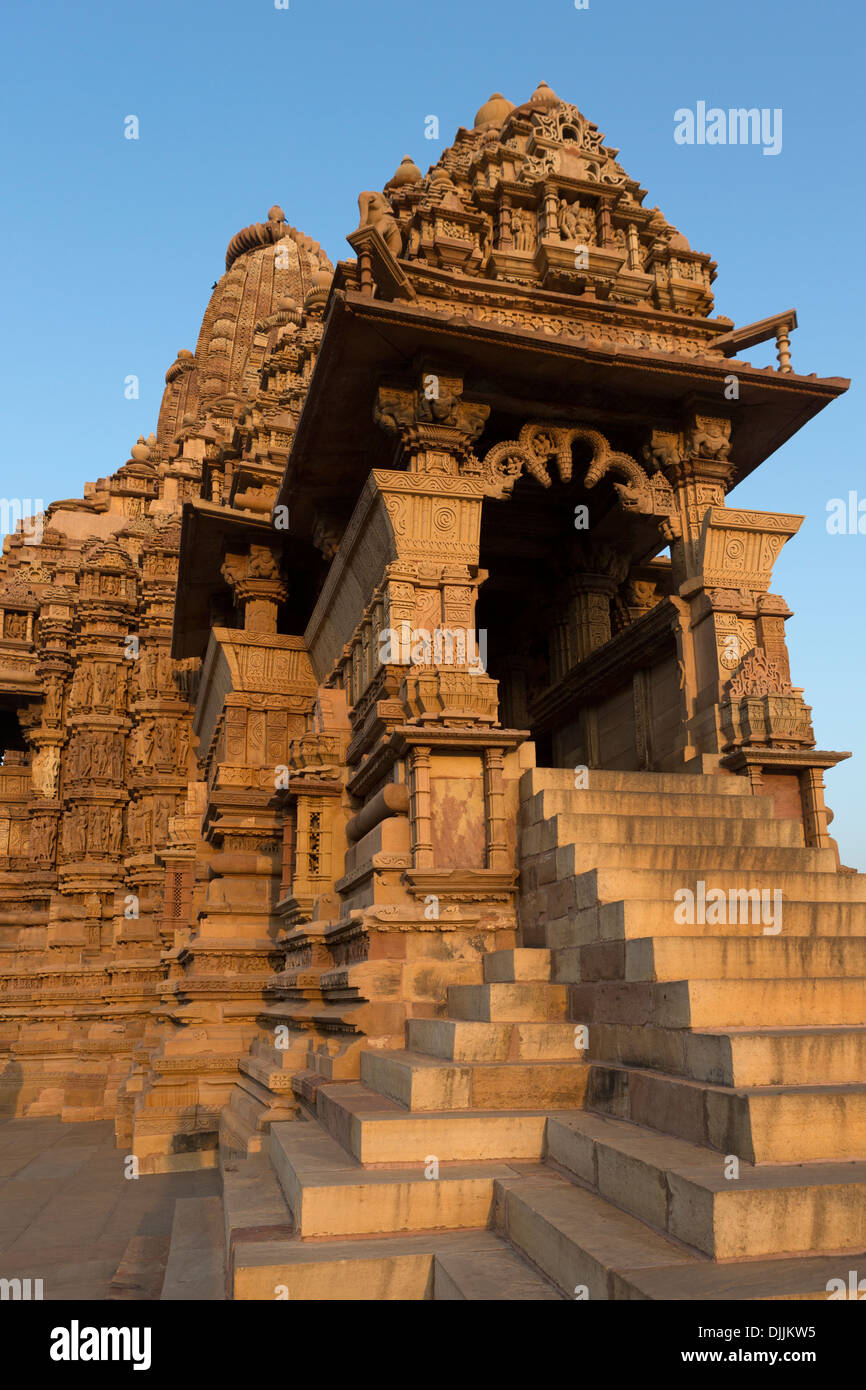 Facade of the temple Kandariya Mahadev. It is the most spectacular an largest of all the temples in Khajuraho. Stock Photo