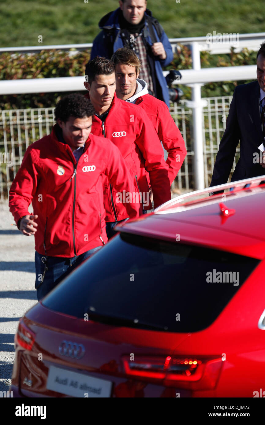 Madrid, Spain. 28th Nov, 2013. Real Madrid players (from left to right) Pepe, Cristiano Ronaldo and Coentrao at an Audi and Real Madrid promotional event at the Hipodromo on November 28, 2013 in Madrid, Spain Credit:  Madridismo Sl/Madridismo/ZUMAPRESS.com/Alamy Live News Stock Photo