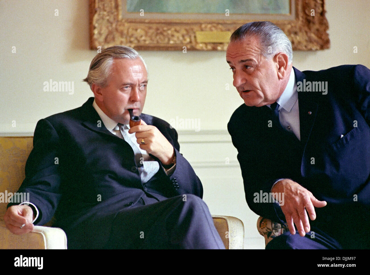 US President Lyndon B. Johnson meets with British Prime Minister Harold Wilson at the White House July 29, 1966 in Washington, DC. Stock Photo