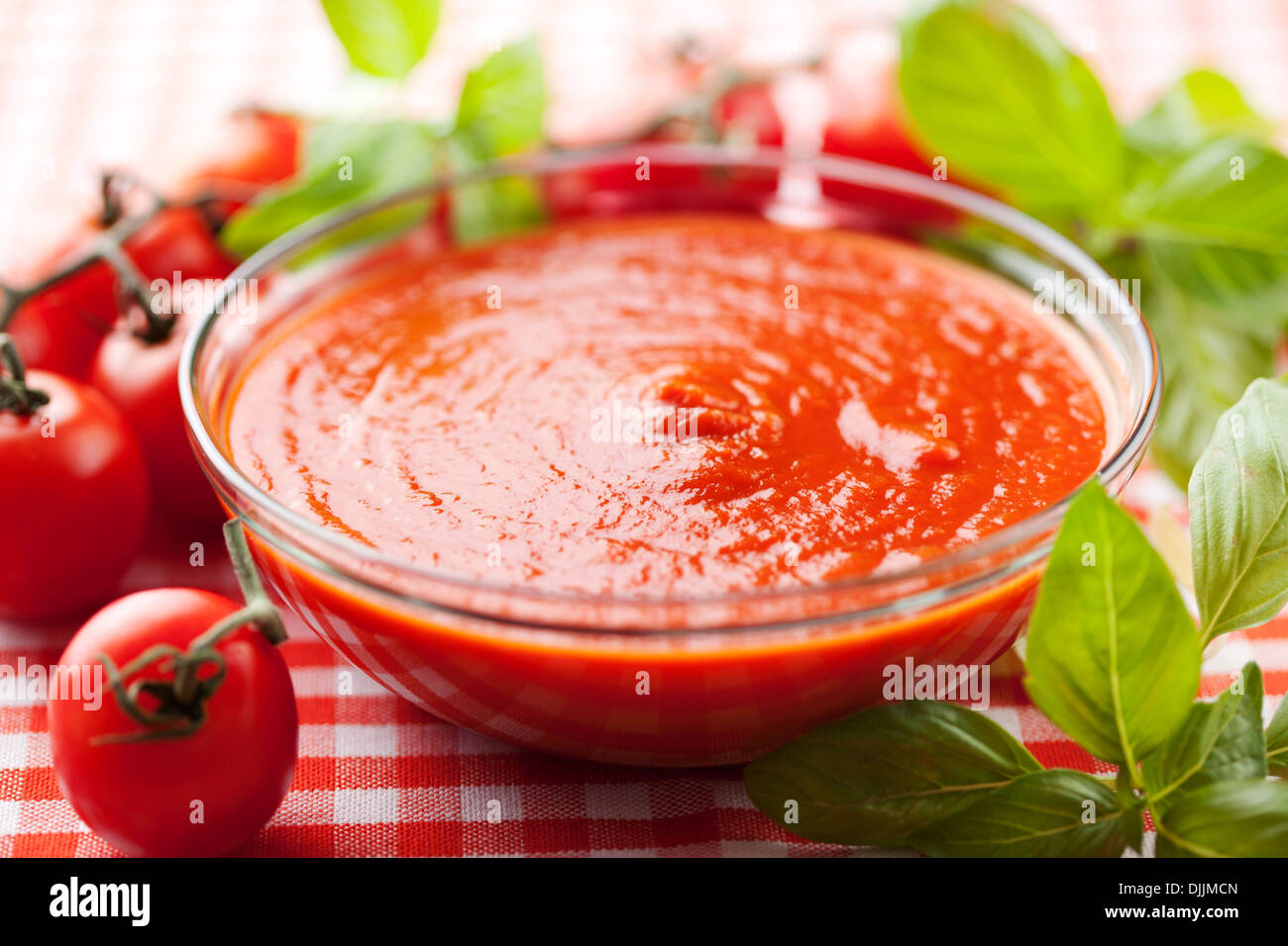 closeup of bowl with tomato sauce pulp Stock Photo