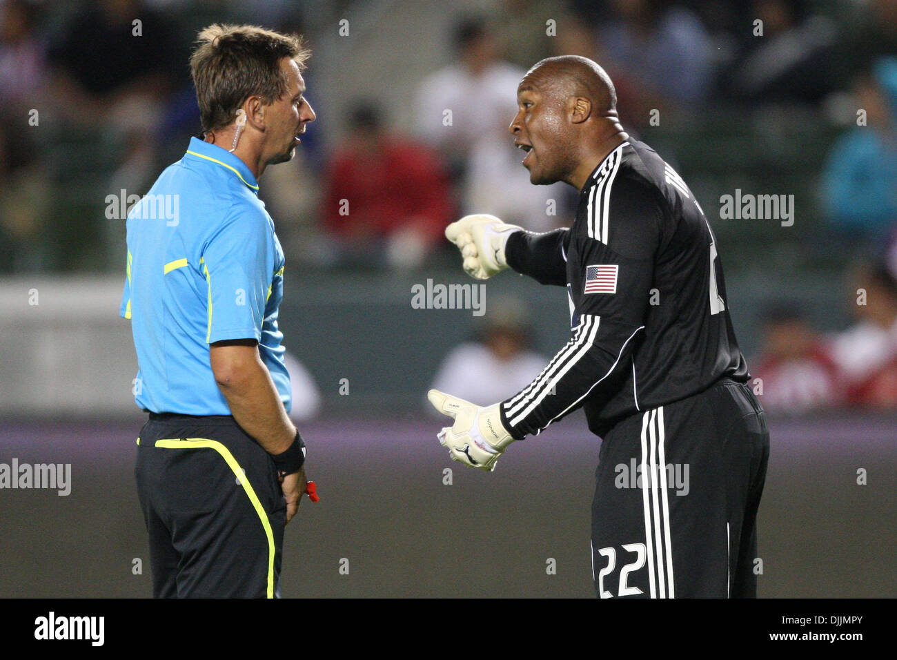 Aug. 14, 2010 - Carson, California, United States of America - 14 August 2010: Chivas USA goalkeeper (#22) ZACH THORNTON argues with the referee during the Chivas USA vs Seattle Sounders game at the Home Depot Center in Carson, California. The Sounders went on to tie Chivas USA with a final score of 0-0. Mandatory Credit: Brandon Parry / Southcreek Global (Credit Image: © Southcree Stock Photo