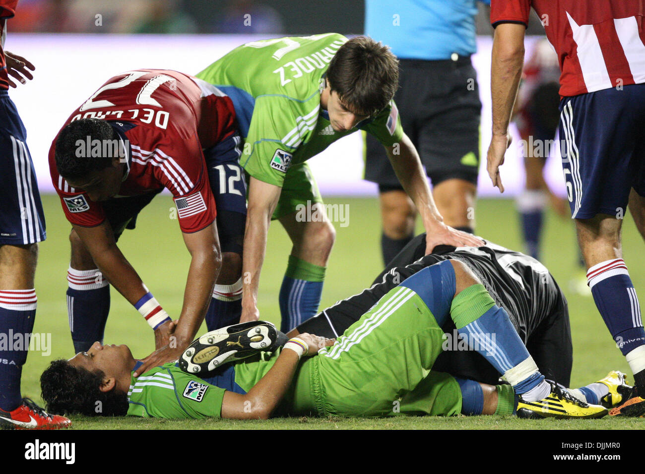 Aug. 14, 2010 - Carson, California, United States of America - 14 August 2010: Seattle Sounders FC forward (#17) FREDY MONTERO (bottom) gets laid out by Chivas USA goalkeeper Zach Thornton during the Chivas USA vs Seattle Sounders game at the Home Depot Center in Carson, California. The Sounders went on to tie Chivas USA with a final score of 0-0. Mandatory Credit: Brandon Parry /  Stock Photo