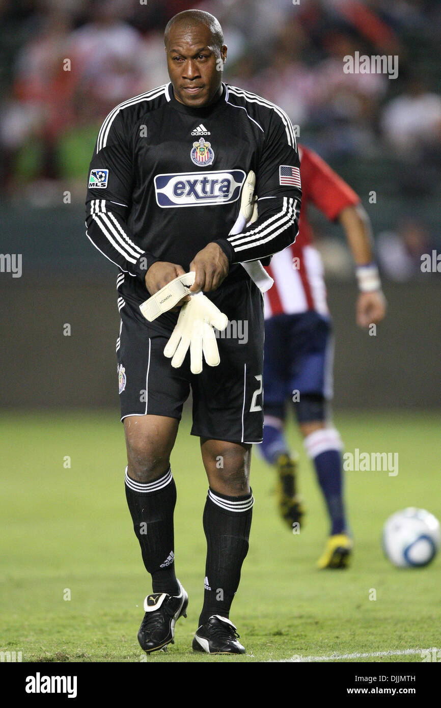 Aug. 14, 2010 - Carson, California, United States of America - 14 August 2010: Chivas USA goalkeeper (#22) ZACH THORNTON after his contact lens got knocked out in a mid air collision during the Chivas USA vs Seattle Sounders game at the Home Depot Center in Carson, California. The Sounders went on to tie Chivas USA with a final score of 0-0. Mandatory Credit: Brandon Parry / Southc Stock Photo