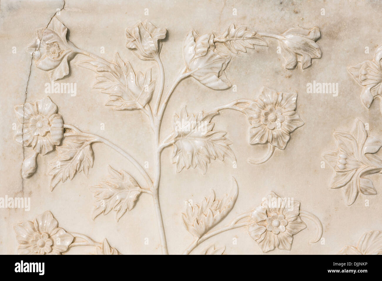 Detail of one of the decorative reliefs carved on the white marble of the Taj Mahal Stock Photo