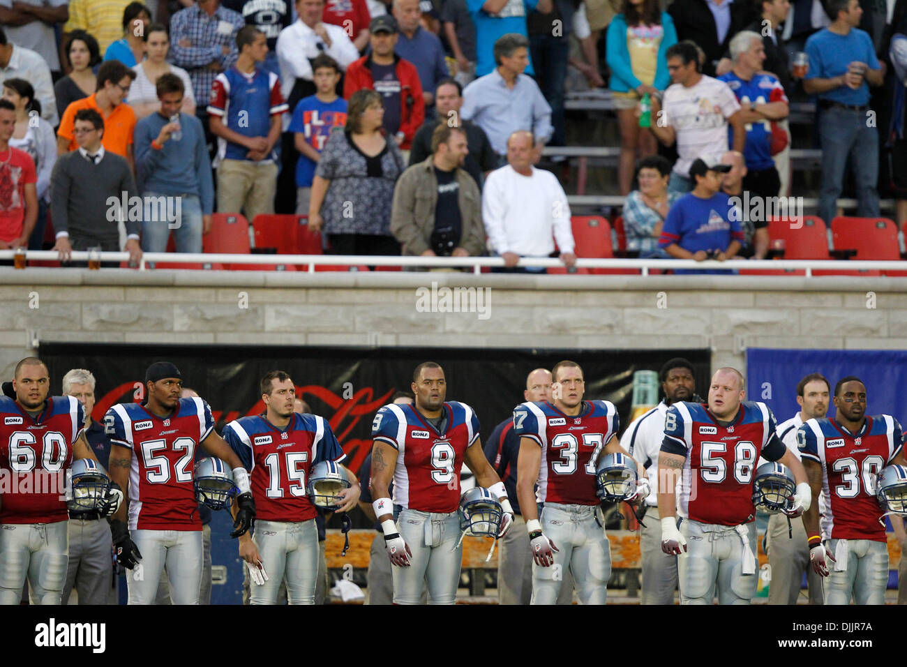 Aug. 19, 2010 - Montreal, Quebec, Canada - Montreal Alouettes, players line up for the Canadian national anthem prior to the CFL game action between the Winnipeg Blue Bombers and the Montreal Alouettes at Percival-Molson Stadium. The Alouettes defeated the Blue Bombers 39-17..Mandatory Credit: Philippe Champoux / Southcreek Global (Credit Image: © Phillippe Champoux/Southcreek Glob Stock Photo