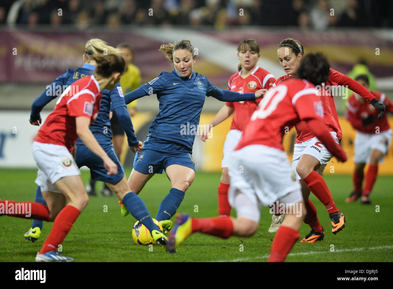 MM Arena Stade Le Mans, France. 28th Nov, 2013. Womens Football world cup qualification. France versus Bulgaria. Goal for France from Gaetane Thiney (fra) Credit:  Action Plus Sports/Alamy Live News Stock Photo