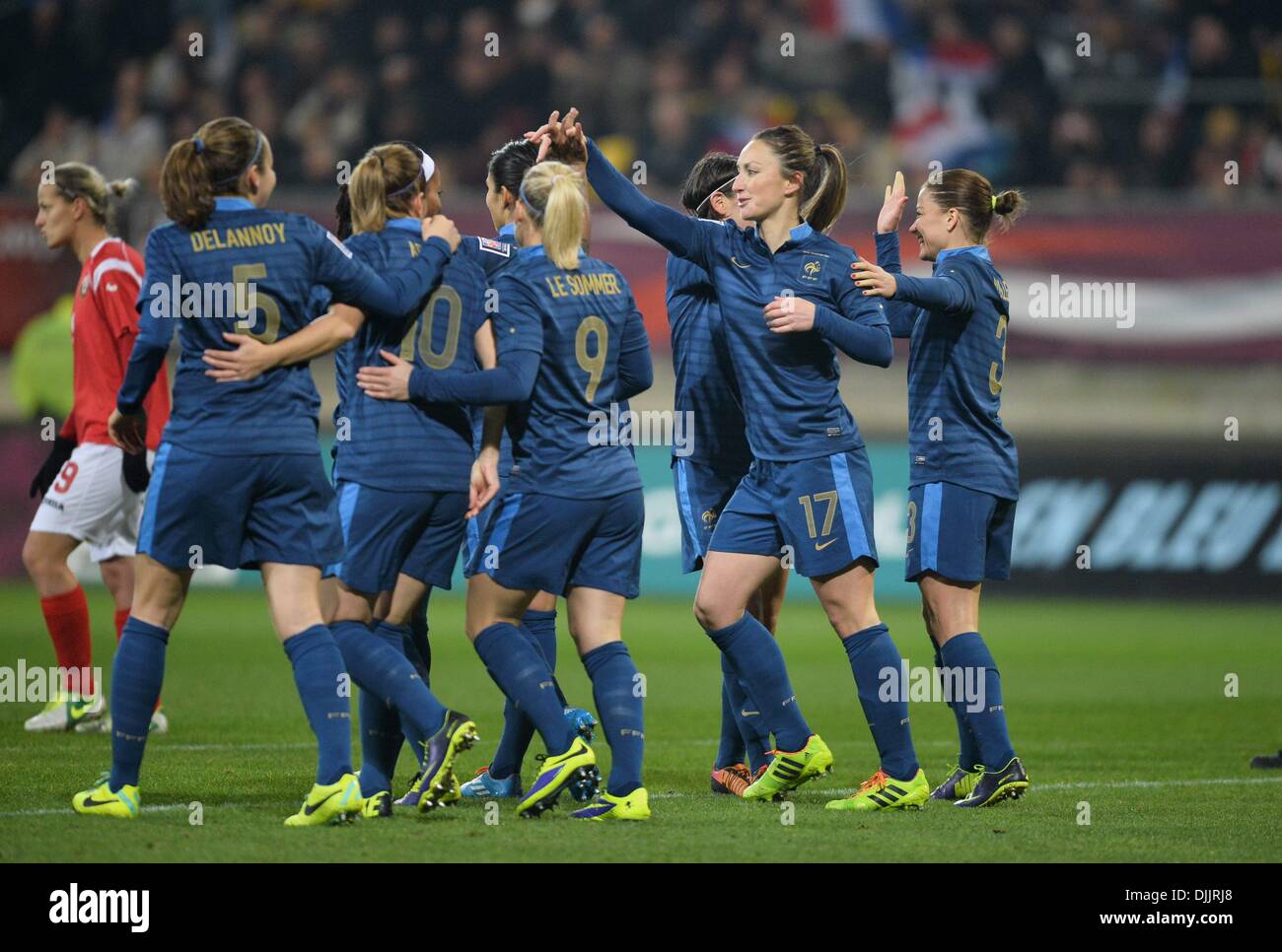 MM Arena Stade Le Mans, France. 28th Nov, 2013. Womens Football world cup qualification. France versus Bulgaria. Gaetane Thiney (fra) celebrates her goal with team mates Credit:  Action Plus Sports/Alamy Live News Stock Photo