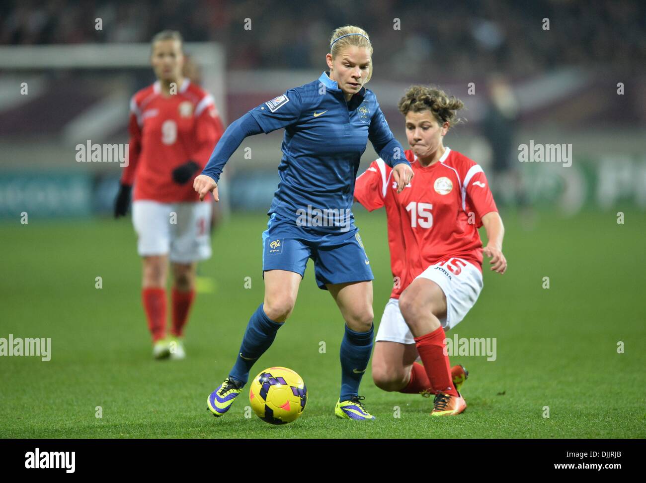 MM Arena Stade Le Mans, France. 28th Nov, 2013. Womens Football world cup qualification. France versus Bulgaria. Eugenie le Sommer (fra) - Lidiya Nacheva (bul) Credit:  Action Plus Sports/Alamy Live News Stock Photo