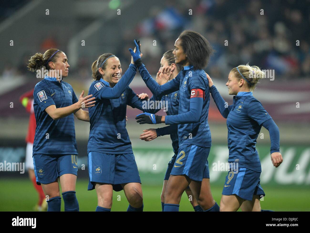 MM Arena Stade Le Mans, France. 28th Nov, 2013. Womens Football world cup qualification. France versus Bulgaria. Wendie Renard (fra) and Sabrina Delannoy (fra) celebrate another goal Credit:  Action Plus Sports/Alamy Live News Stock Photo