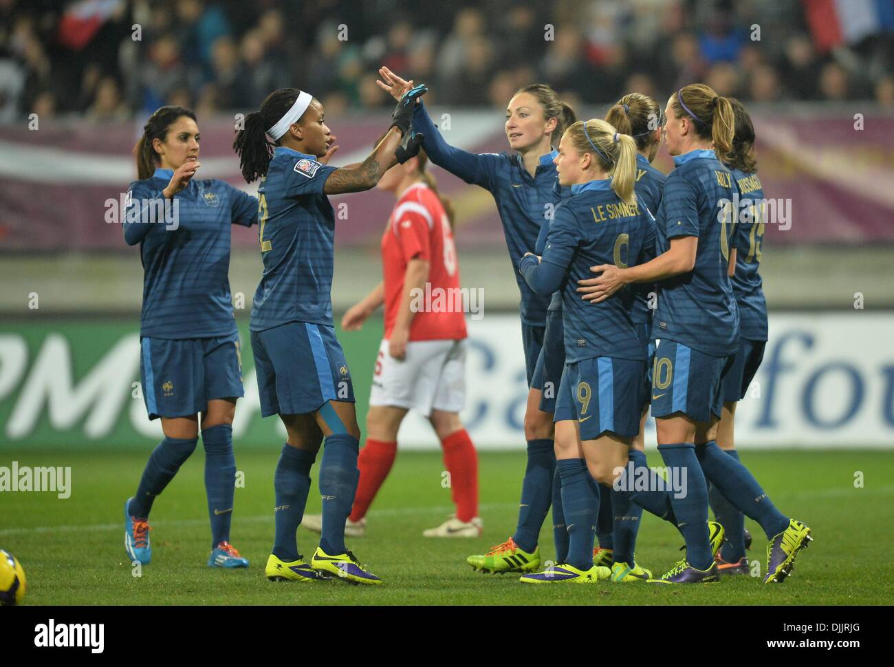 MM Arena Stade Le Mans, France. 28th Nov, 2013. Womens Football world cup qualification. France versus Bulgaria. Elodie Thomis (fra) - Gaetane Thiney (fra) Credit:  Action Plus Sports/Alamy Live News Stock Photo