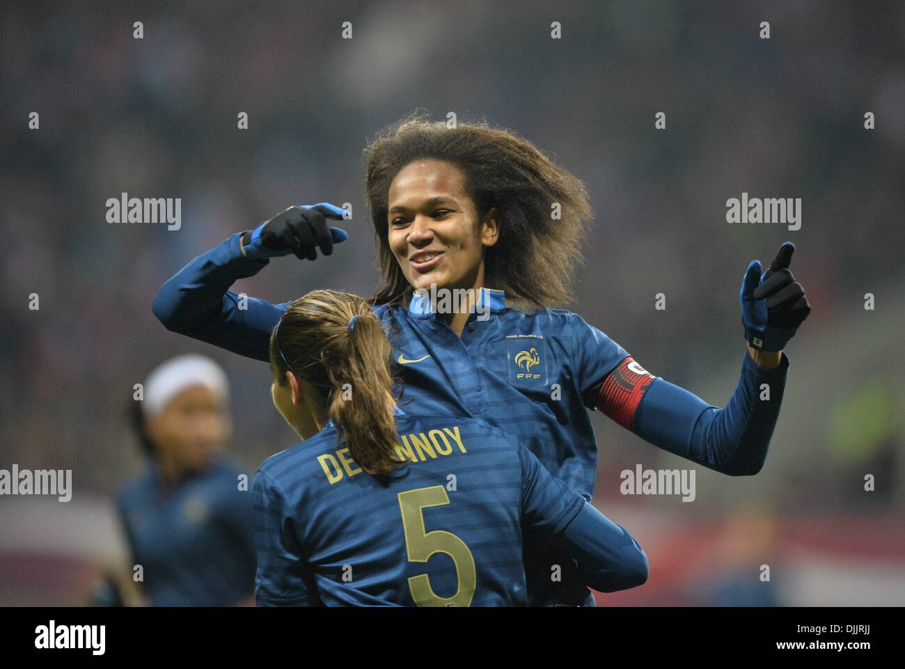 MM Arena Stade Le Mans, France. 28th Nov, 2013. Womens Football world cup qualification. France versus Bulgaria. Wendie Renard (fra) and Sabrina Delannoy (fra) celebrate their win Credit:  Action Plus Sports/Alamy Live News Stock Photo