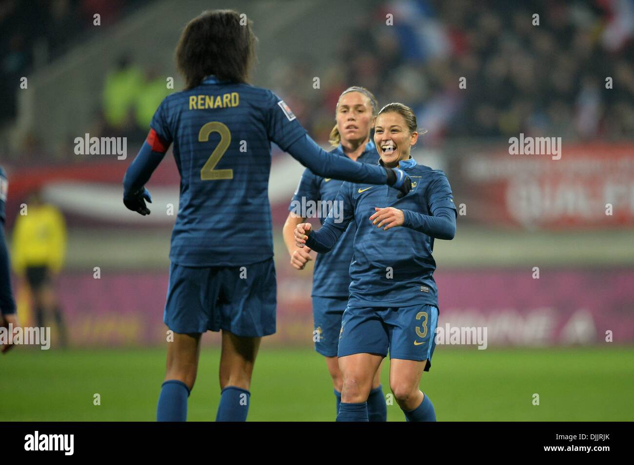 MM Arena Stade Le Mans, France. 28th Nov, 2013. Womens Football world cup qualification. France versus Bulgaria. Laure Boulleau (fra) - Wendie Renard (fra) Credit:  Action Plus Sports/Alamy Live News Stock Photo