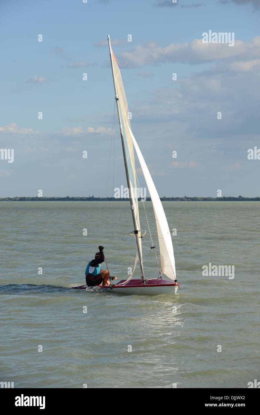 One sailing boat at Lake Balaton (Hungary). Stock Photo