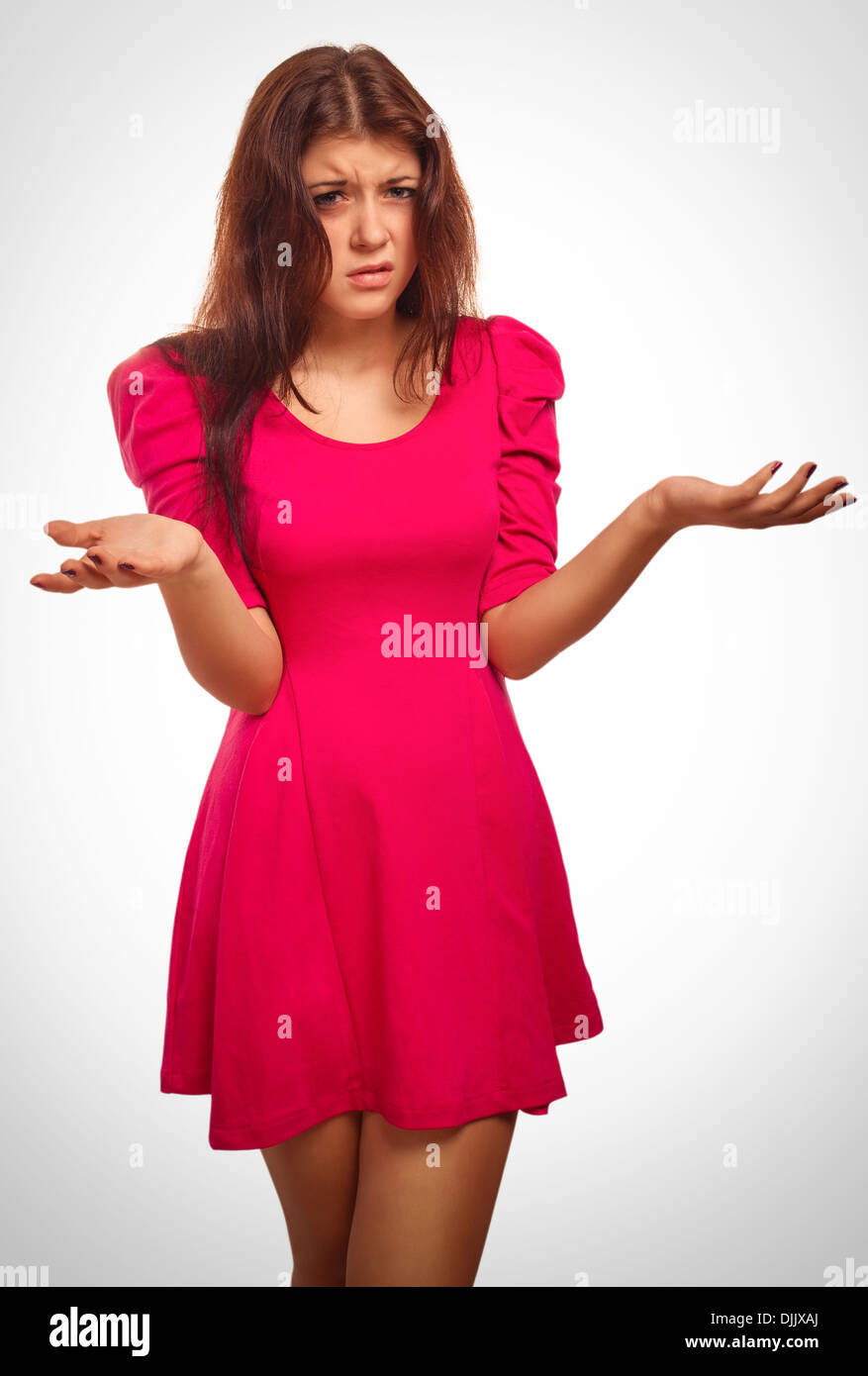 angry displeased thinking woman brunette girl emotions Stock Photo