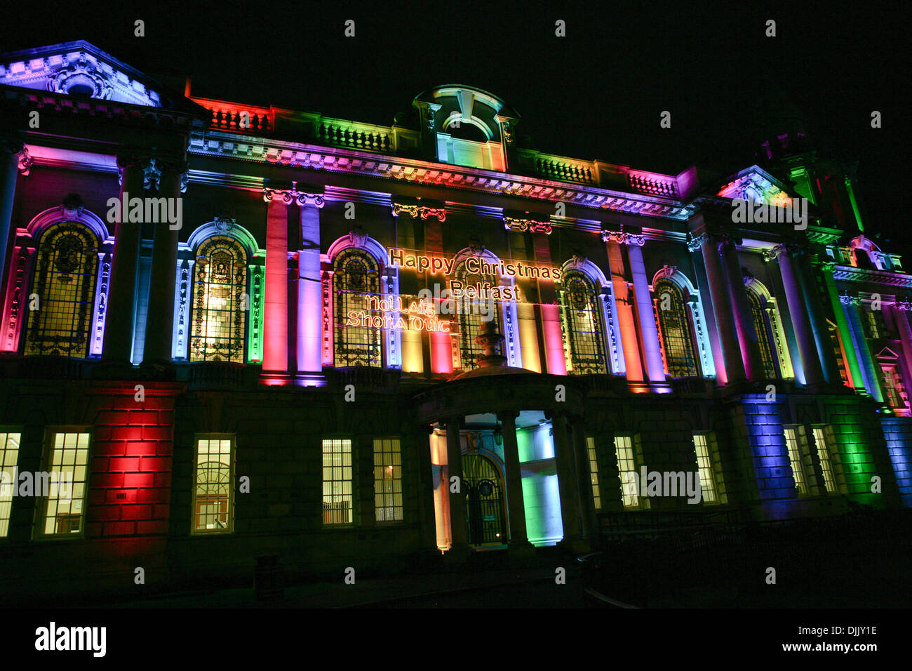 Christmas Lights on Belfast City Hall, 27th November 2013 Stock Photo