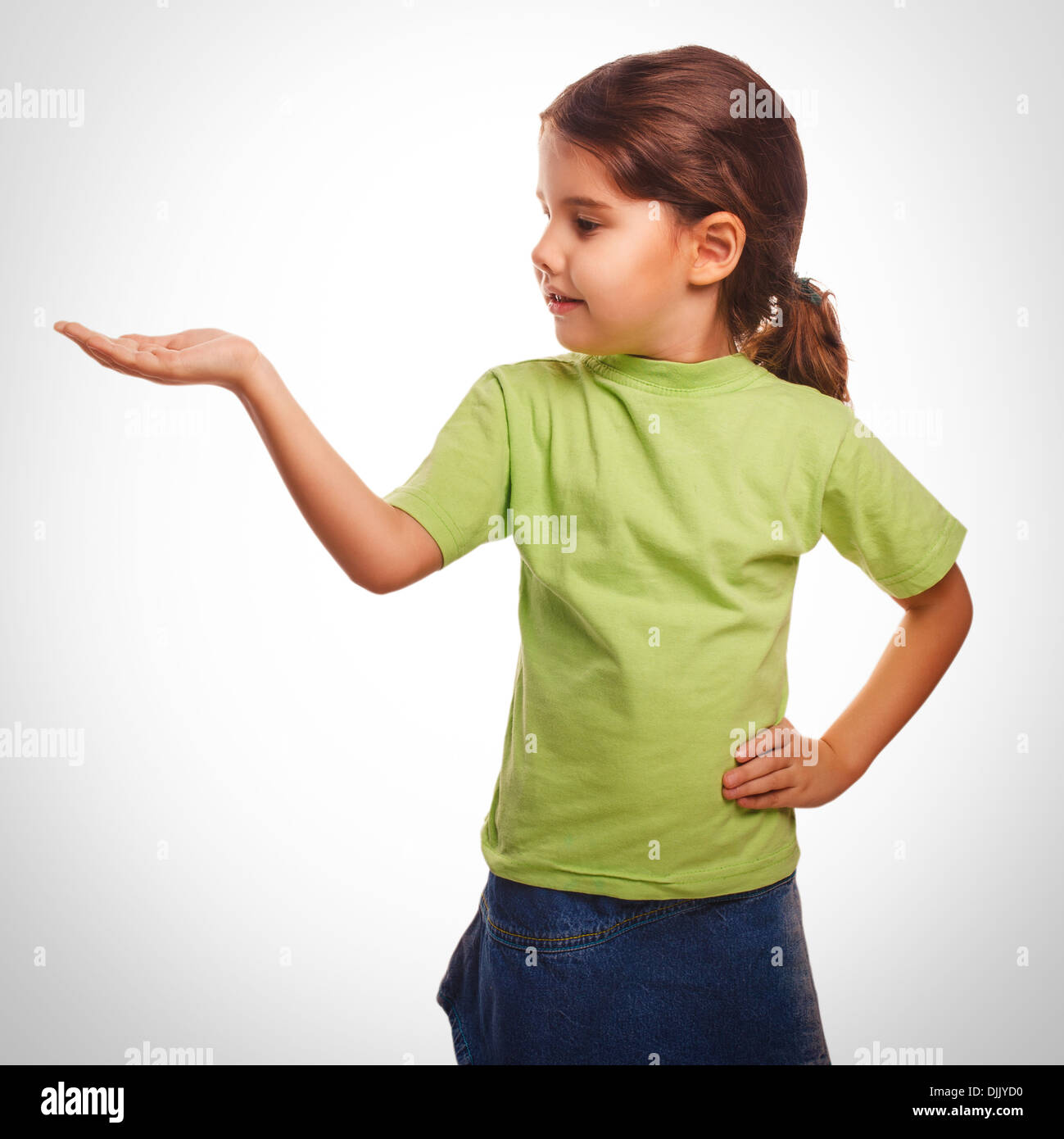 little girl holding open palm empty hand emotion Stock Photo