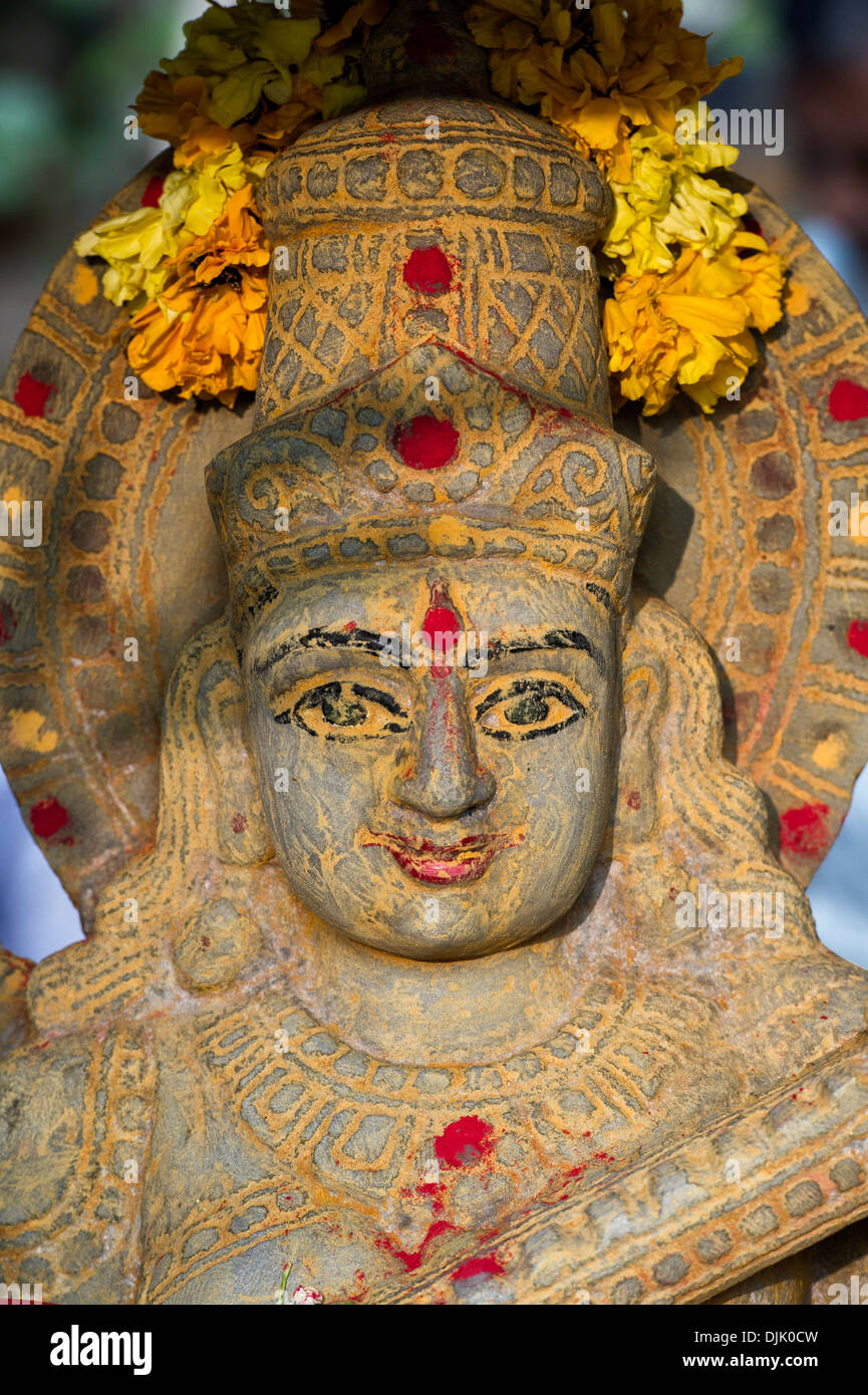 Hindu goddess Saraswati. Indian stone temple statue Stock Photo