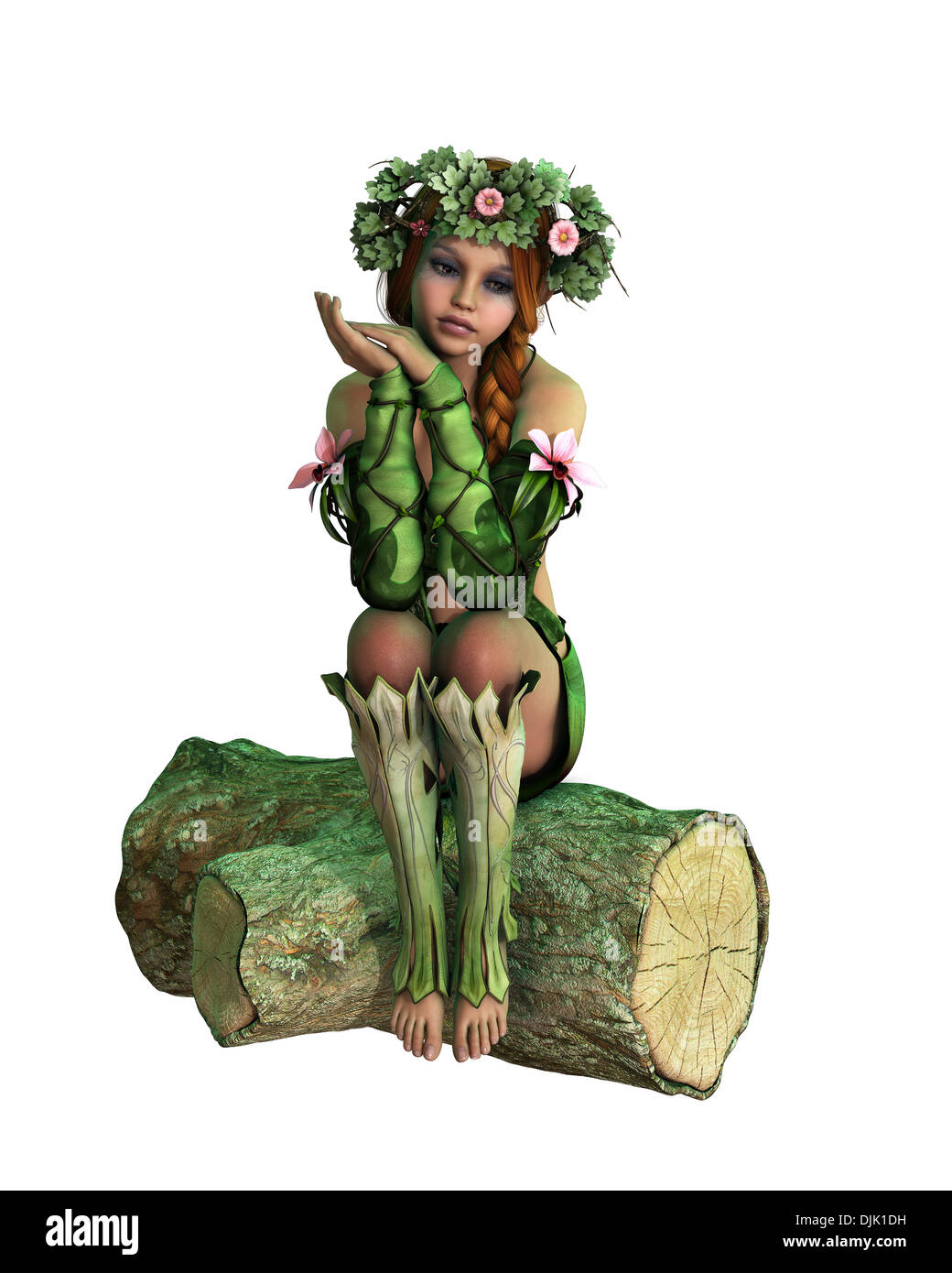3D computer graphics of a girl with a wreath on her head, sitting on a tree stump Stock Photo