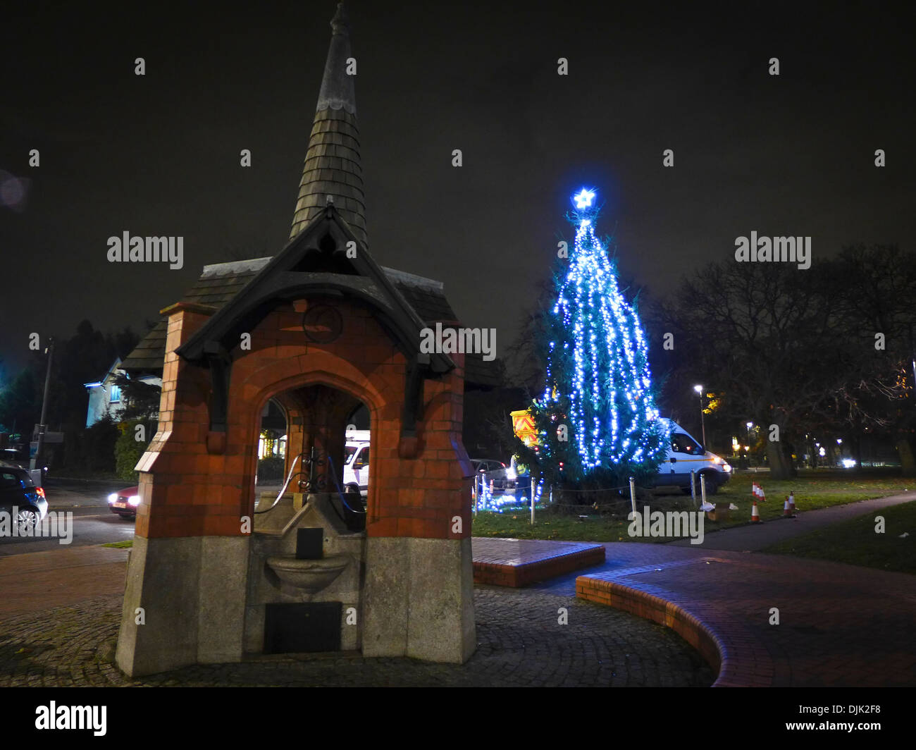The Christmas tree on George Green, Wanstead, East London with the old horse drinking troughs in the foreground Stock Photo