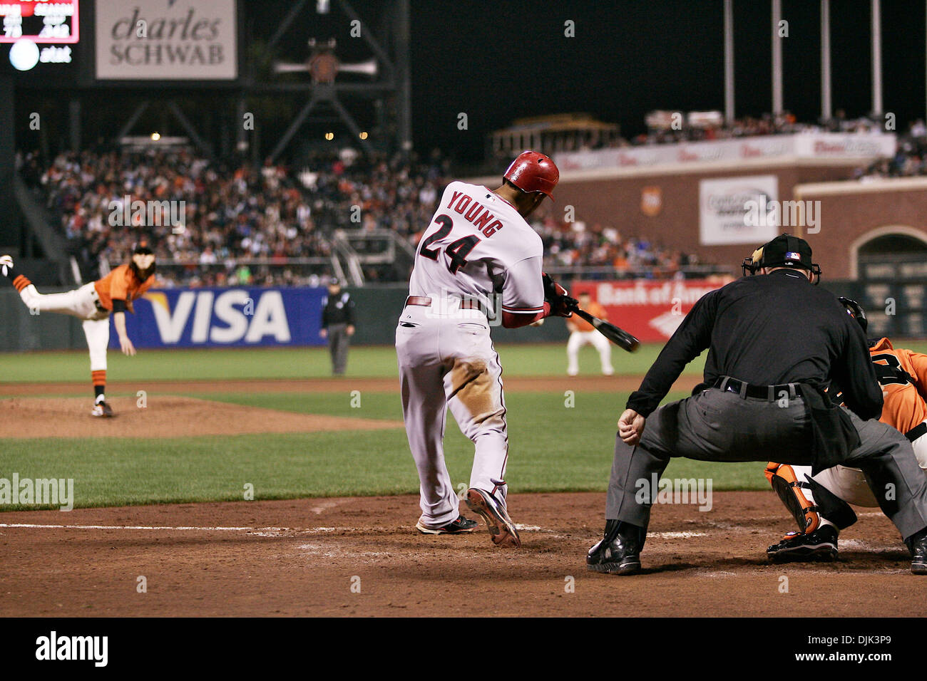 Aug. 27, 2010 - San Francisco, California, United States of America - San Francisco Giants Hosts the Arizona Diamondbacks. Arizona Diamondbacks center fielder Chris Young (24) bats against the San Francisco Giants. Arizona Diamondbacks win the game 6-0. (Credit Image: © Dinno Kovic/Southcreek Global/ZUMApress.com) Stock Photo