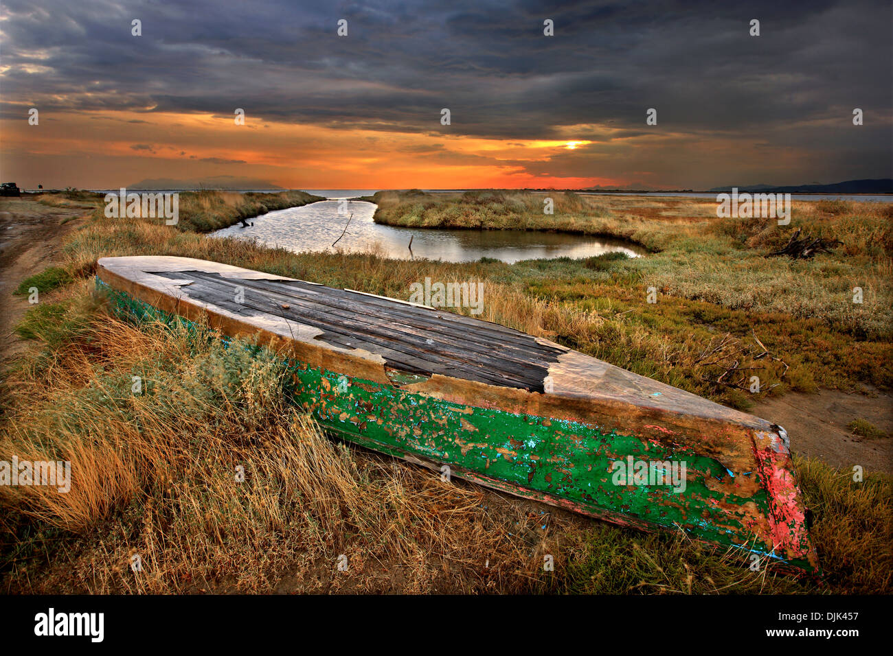 Traditional plava (flat bottomed boat of the shallow waters) at the Delta of Evros river, Thrace, Greece. Stock Photo