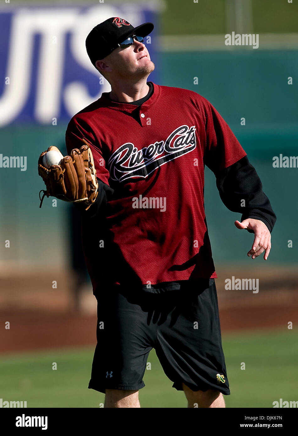 Aug. 30, 2010 - West Sacramento, CA, USA - River Cats starting pitcher Bobby Cramer shags fly ball during batting practice. He has overcome Tommy John surgery and stints away from baseball as a teacher and Shell Oil employee to become a key figure in Sacramento's playoff push.August 30, 2010 in West Sacramento, Calif. (Credit Image: © Sacramento Bee/ZUMApress.com) Stock Photo