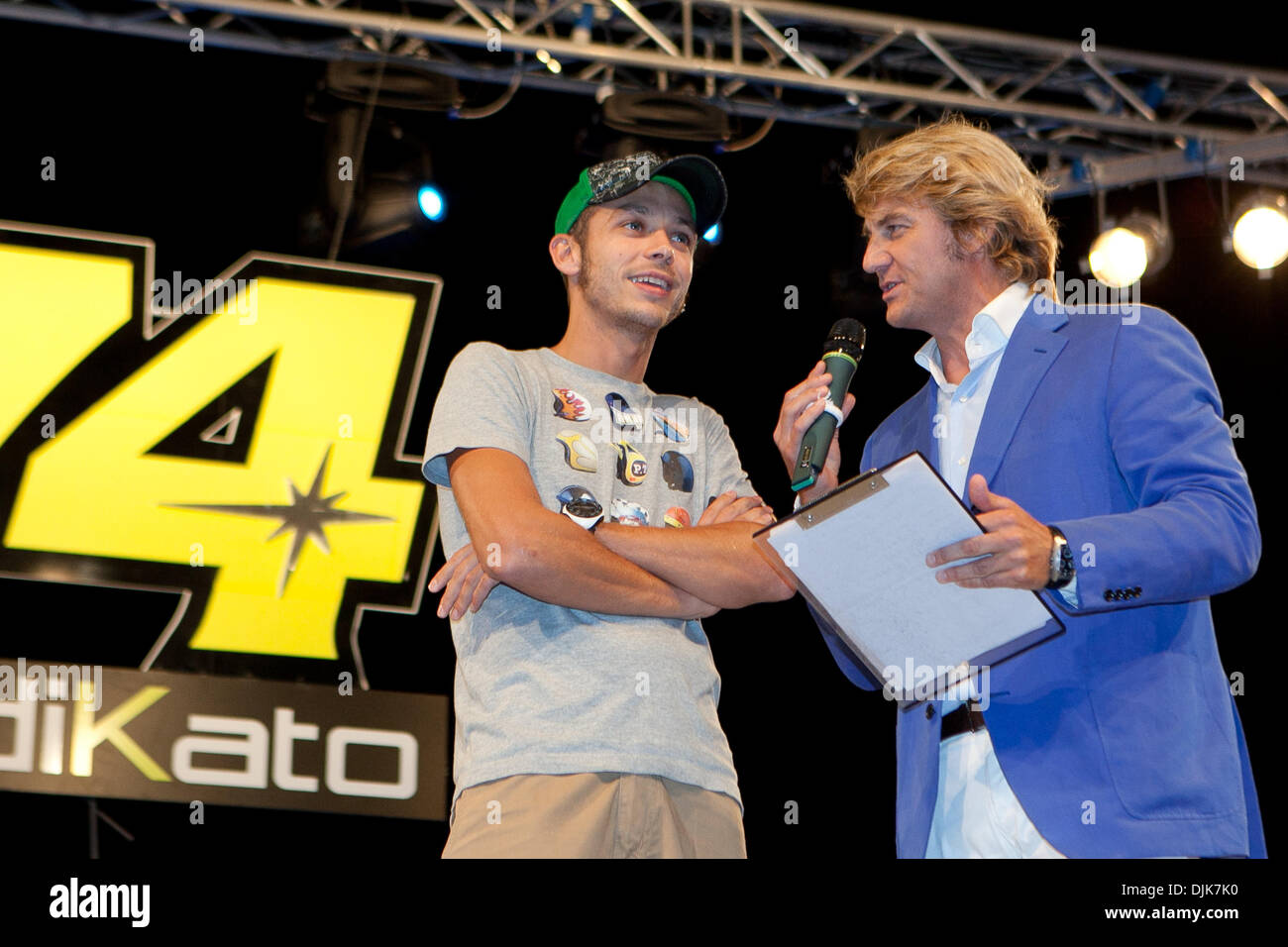 Sep. 02, 2010 - Misano Adriatico, Italy - Yamaha rider Valentino Rossi (left) interviewed by Franco Bobbiese (rigth) of the Italian television Mediaset at an event in memory of the Japanese rider Dajiro Kato died in an incident in April 2003 (Credit Image: © Andrea Ranalli/Southcreek Global/ZUMApress.com) Stock Photo