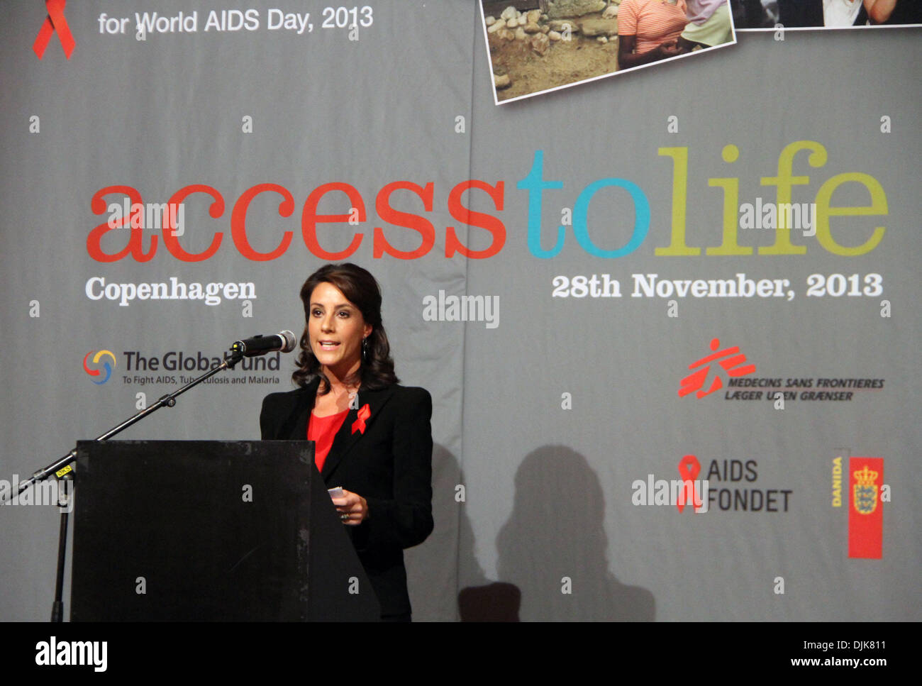 (131128) -- COPENHAGEN, Nov. 28, 2013 (Xinhua) -- Denmark's Crown Princess Mary speaks during the opening ceremony of the photo exhibition 'Access to Life' to mark the World AIDS Day in Copenhagen, Denmark, Aug. 28, 2013. The photo exhibition, held by The Global Fund to Fight AIDS, Tuberculosis and Malaria, will last to Jan. 12, 2014. (Xinhua/Yang Jingzhong) Stock Photo