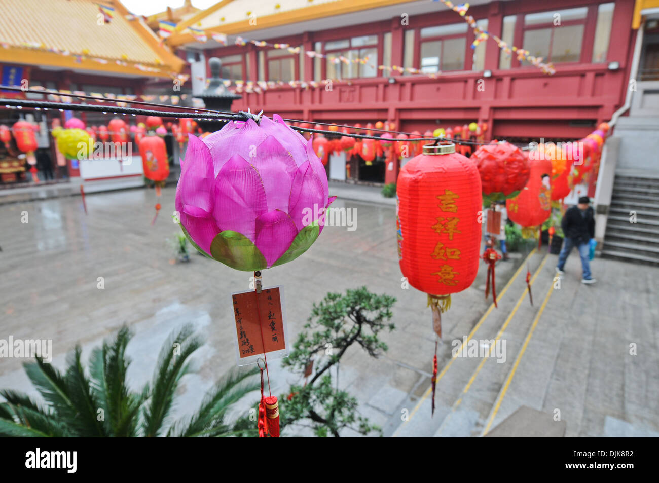 Courtyard with red chinese lanterns in Qibao Temple in Minhang District ...