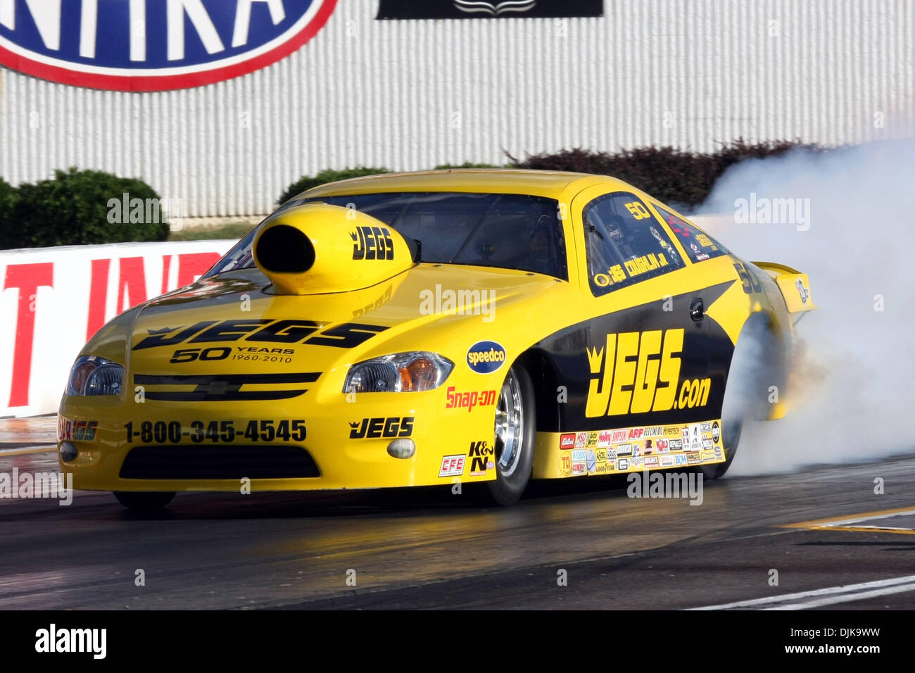 Sep. 03, 2010 - Indianapolis, Indiana, United States of America - 03 September 2010: Jeg Coughlin Jr. does a burnout. The Mac Tools U.S. Nationals were held at O'Reilly Raceway Park in Indianapolis, Indiana. (Credit Image: © Alan Ashley/Southcreek Global/ZUMApress.com) Stock Photo