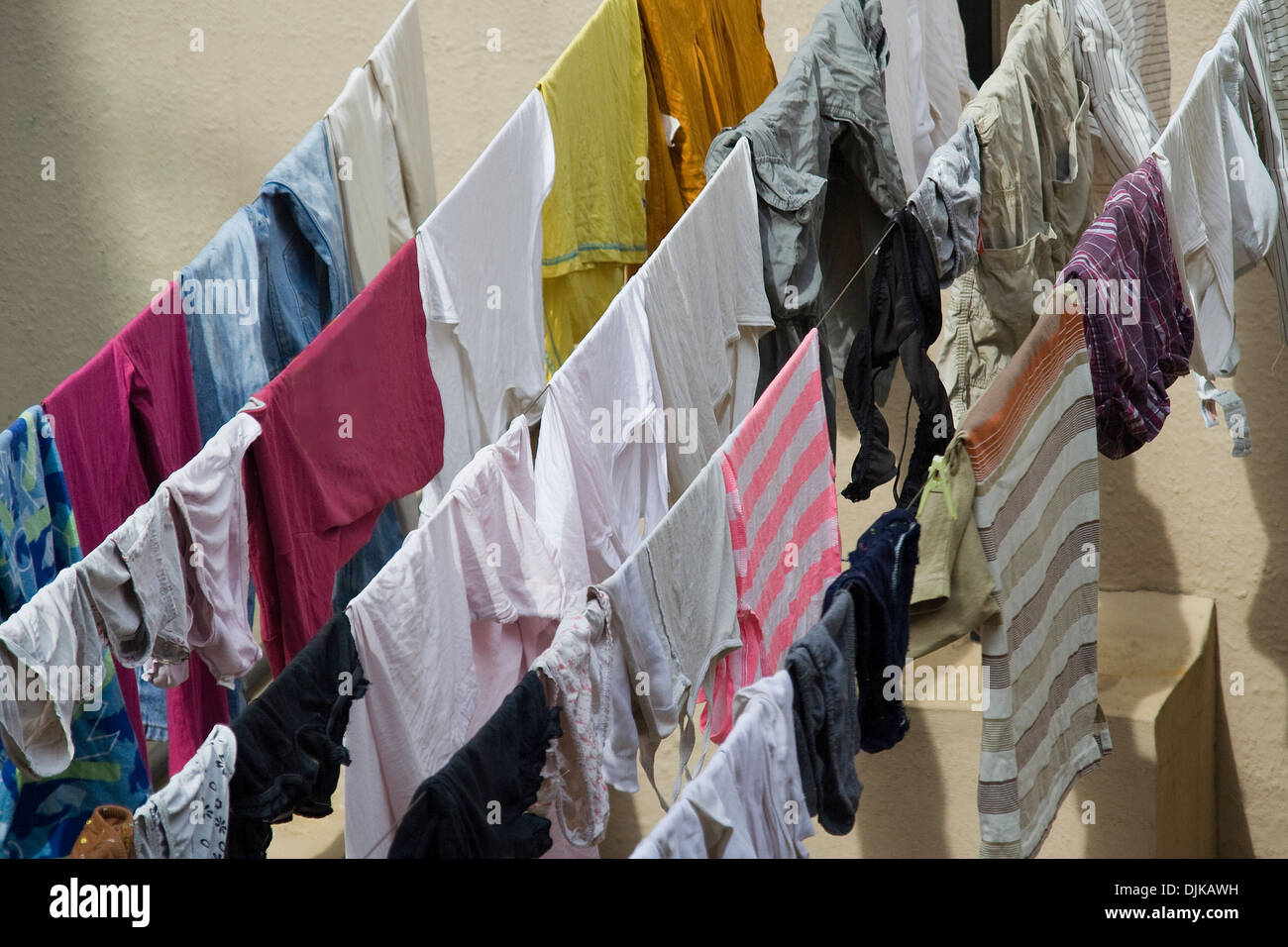 Multiple rows of clothes lines used for drying Stock Photo