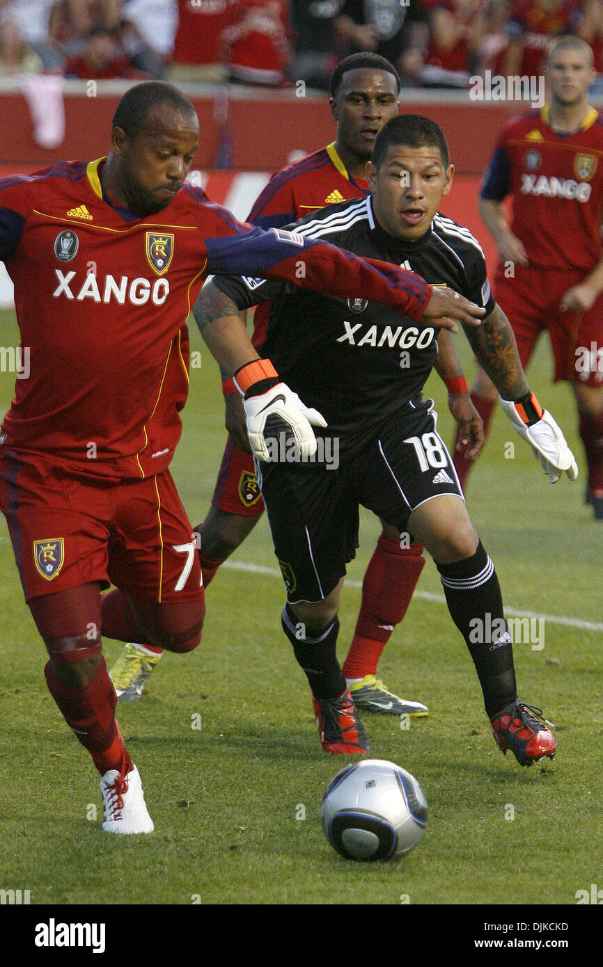 Sep. 04, 2010 - Salt Lake City, Utah, United States of America - Real Salt Lake midfielder Andy Williams (77) and goalkeeper Nick Rimando (18)go to clear the ball from the goal..Stephen Holt / Southcreek Global Media (Credit Image: © Stephen Holt/Southcreek Global/ZUMApress.com) Stock Photo
