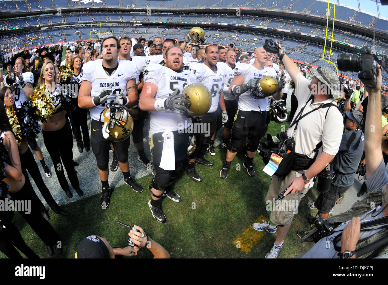 Sep. 04, 2010 - Denver, Colorado, United States of America - Colorado players, led by Colorado Buffaloes center Keenan Stevens (56) chant to celebrate their victory after the Rocky Mountain Showdown game between the Colorado State Rams and the Colorado Buffaloes at Invesco Field at Mile High. Colorado defeated Colorado State by a score of 24-3. (Credit Image: © Andrew Fielding/Sout Stock Photo