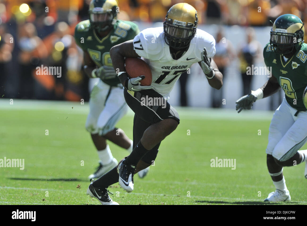 Sep. 04, 2010 - Denver, Colorado, United States of America - Colorado Buffaloes wide receiver Toney Clemons (17) runs with the ball during Rocky Mountain Showdown game between the Colorado State Rams and the Colorado Buffaloes at Invesco Field at Mile High. Colorado defeated Colorado State by a score of 24-3. (Credit Image: © Andrew Fielding/Southcreek Global/ZUMApress.com) Stock Photo
